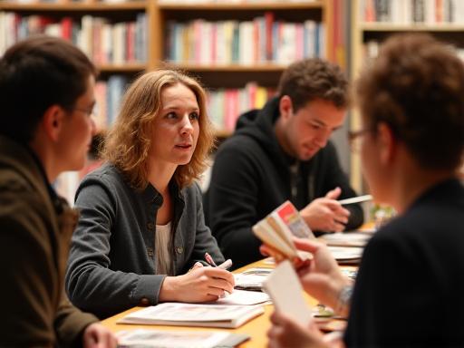 Author signing books at The Curious Page with engaged audience