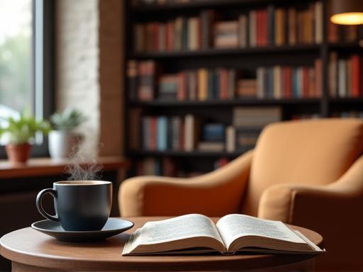 Cozy coffee area with comfortable seating and books at The Curious Page
